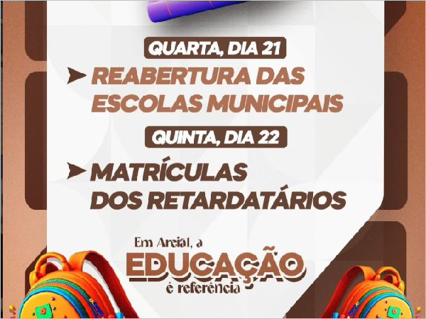 Prefeitura de Areial anuncia reabertura das escolas municipais e matrículas para retardatários